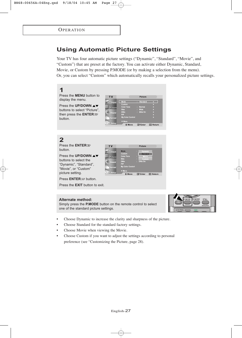 Using automatic picture settings | Samsung LTP266WX-XAC User Manual | Page 32 / 79