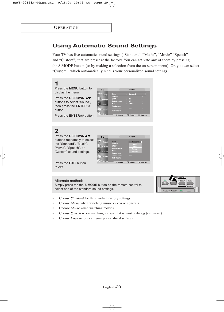 Using automatic sound settings | Samsung LTP266WX-XAC User Manual | Page 34 / 79