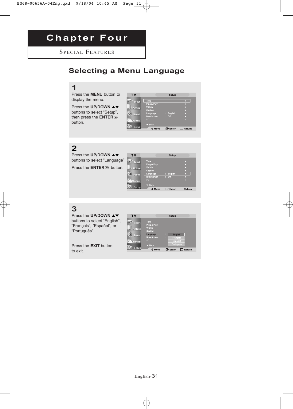 Chapter 4: special features, Selecting a menu language | Samsung LTP266WX-XAC User Manual | Page 36 / 79