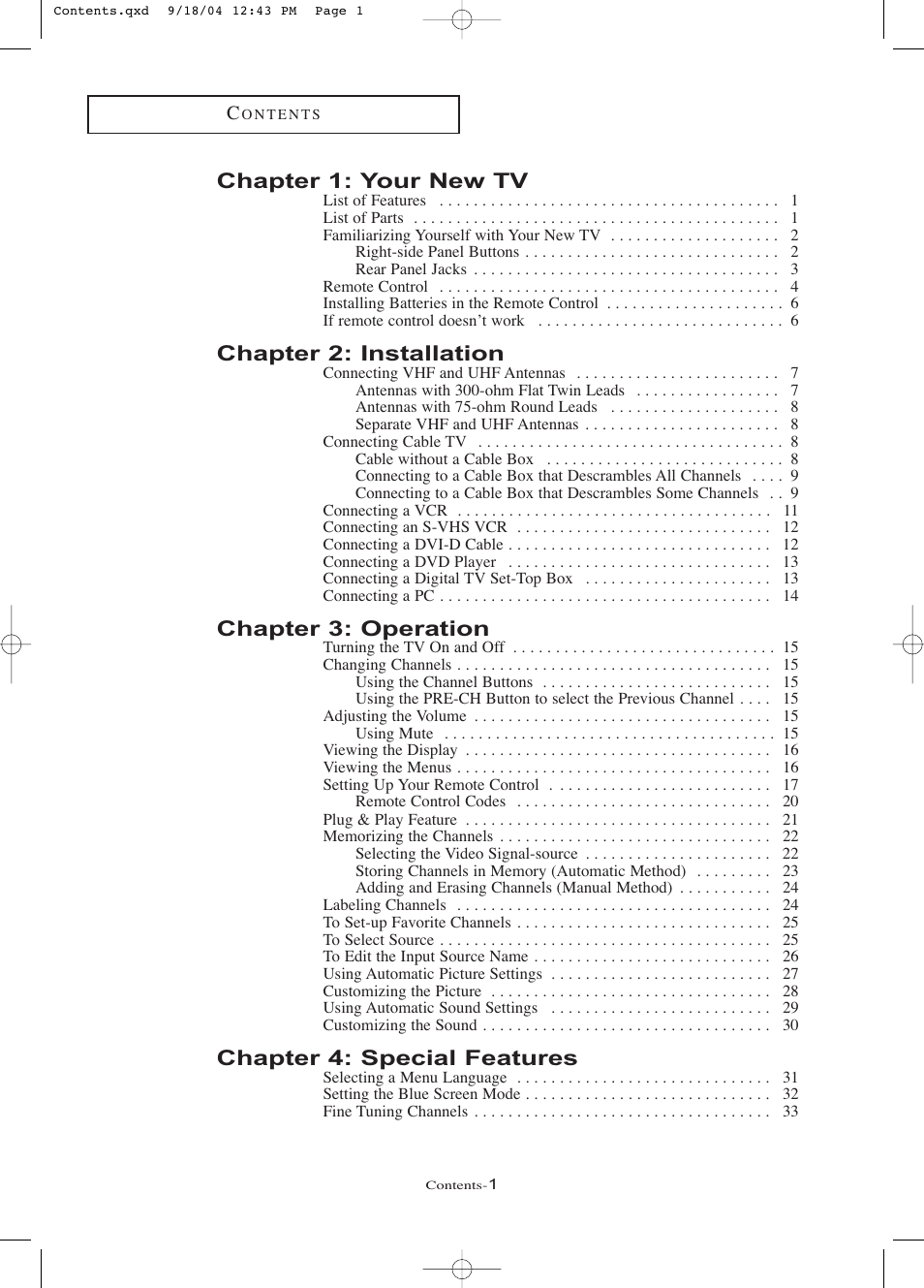 Chapter 1: your new tv, Chapter 2: installation, Chapter 3: operation | Chapter 4: special features | Samsung LTP266WX-XAC User Manual | Page 4 / 79
