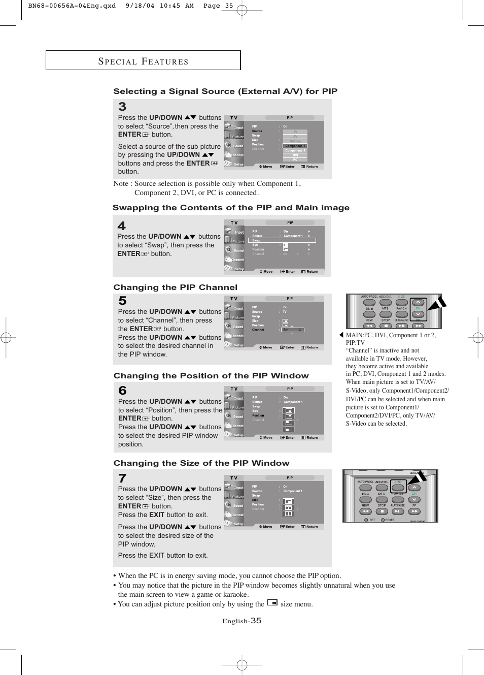 Selecting a signal source (external a/v) for pip, Swapping the contents of the pip and main image, Changing the pip channel | Changing the position of the pipwindow, Changing the size of the pipwindow | Samsung LTP266WX-XAC User Manual | Page 40 / 79