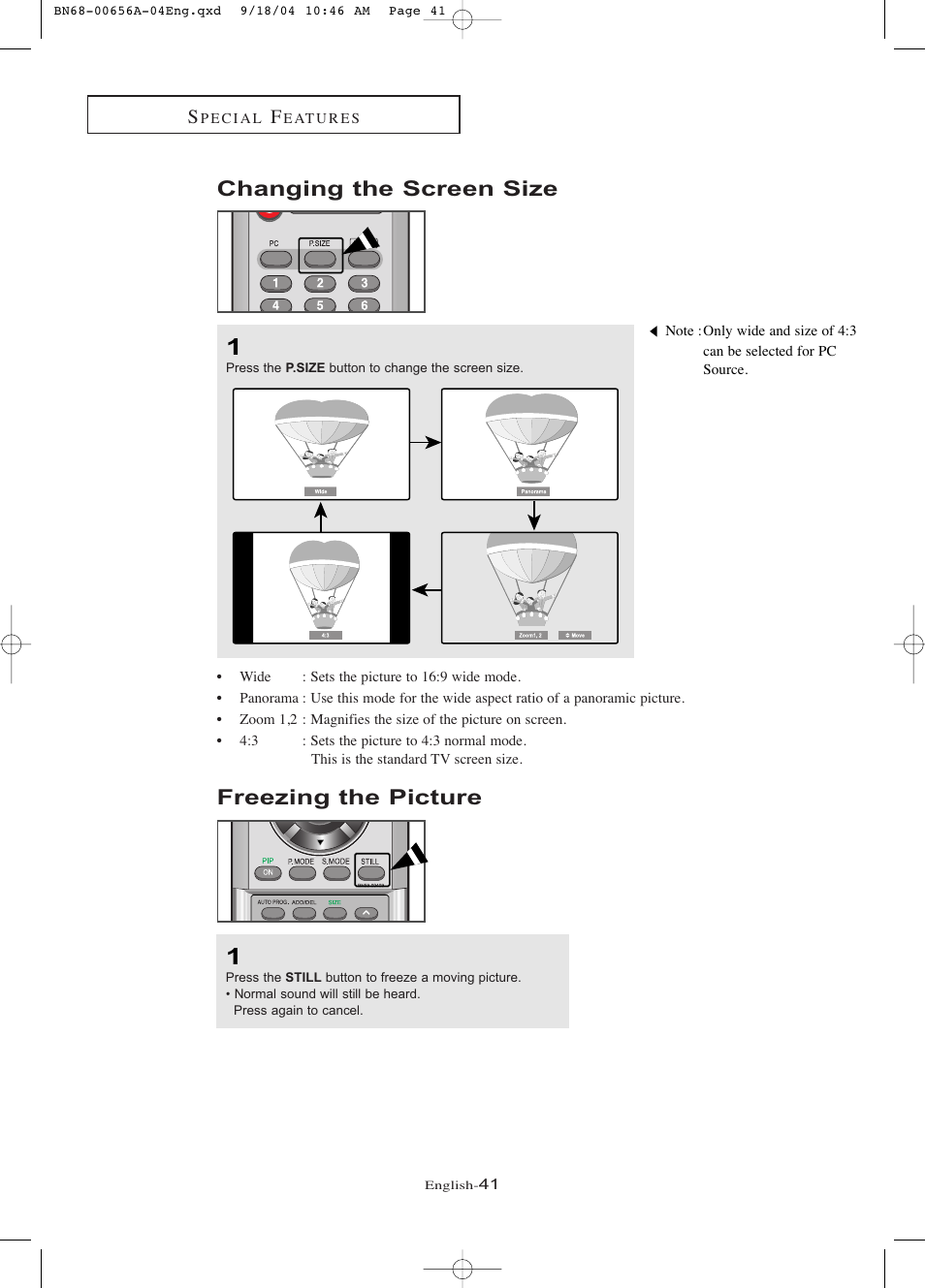 Changing the screen size, Freezing the picture | Samsung LTP266WX-XAC User Manual | Page 46 / 79