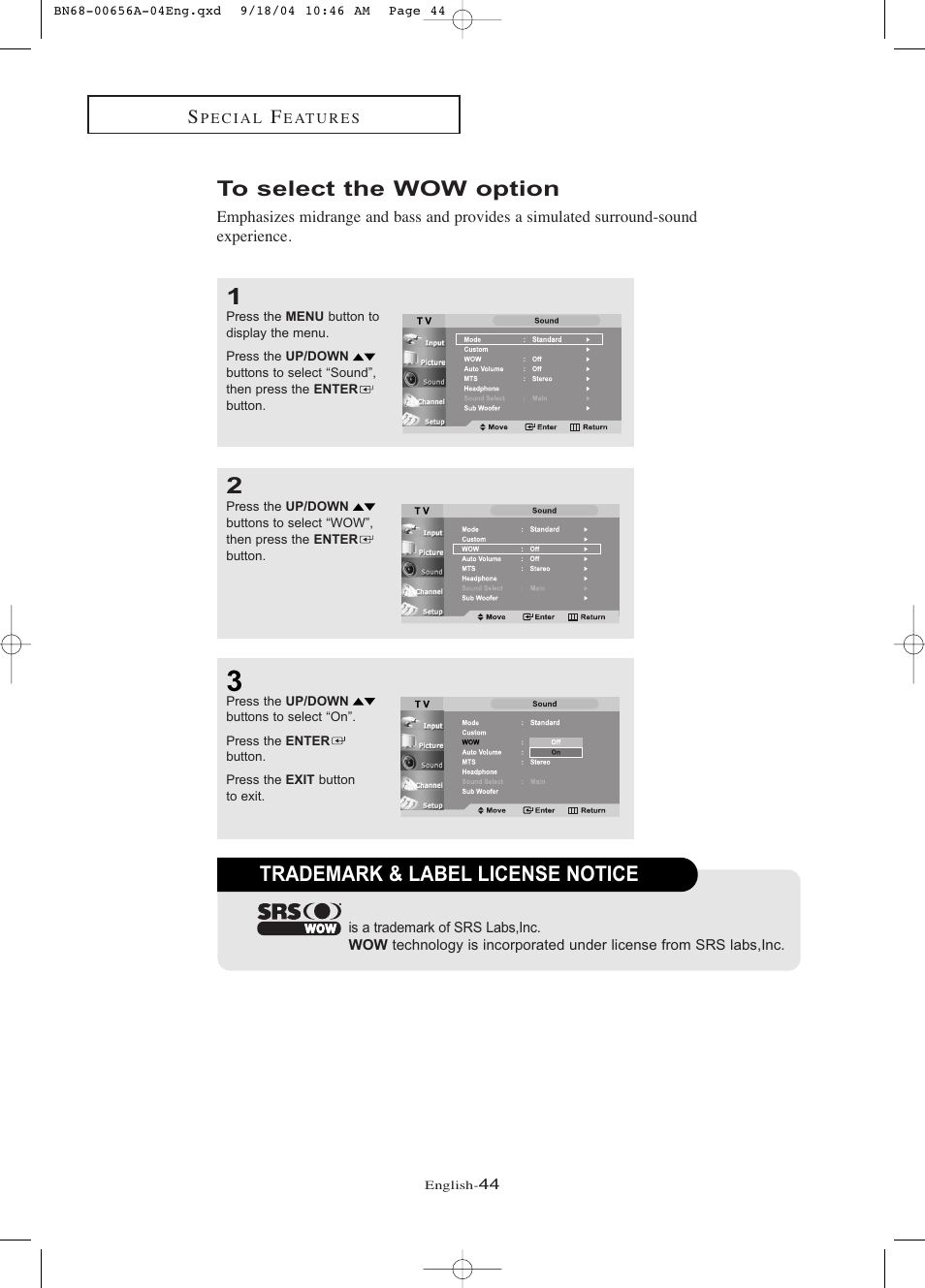 To select the wow option, Trademark & label license notice | Samsung LTP266WX-XAC User Manual | Page 49 / 79