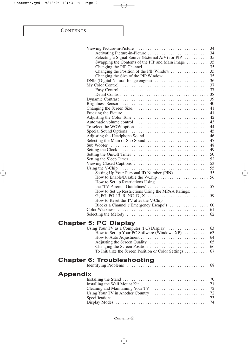 Chapter 5: pc display, Chapter 6: troubleshooting, Appendix | Samsung LTP266WX-XAC User Manual | Page 5 / 79