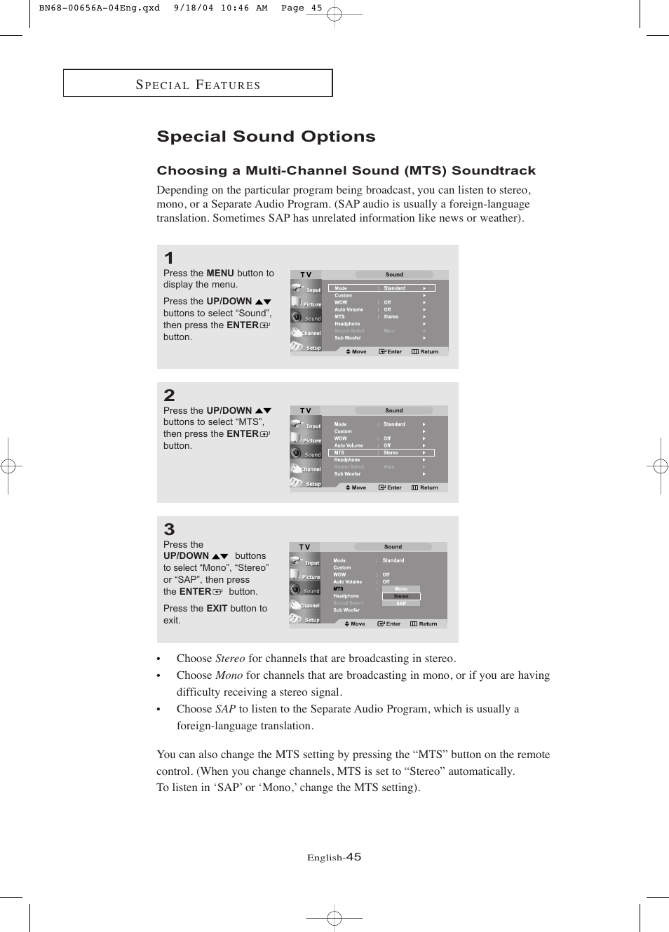 Special sound options | Samsung LTP266WX-XAC User Manual | Page 50 / 79