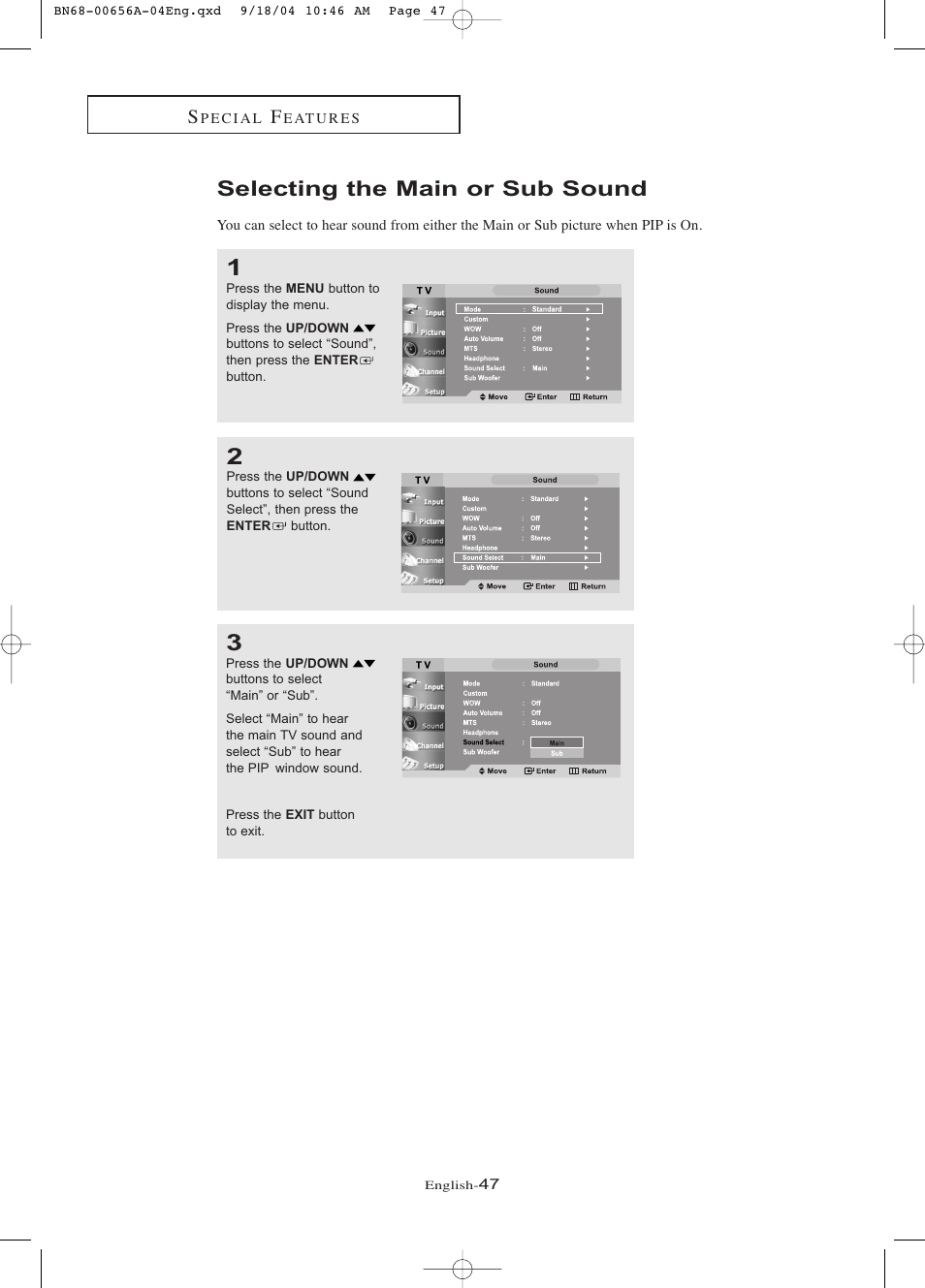 Selecting the main or sub sound | Samsung LTP266WX-XAC User Manual | Page 52 / 79