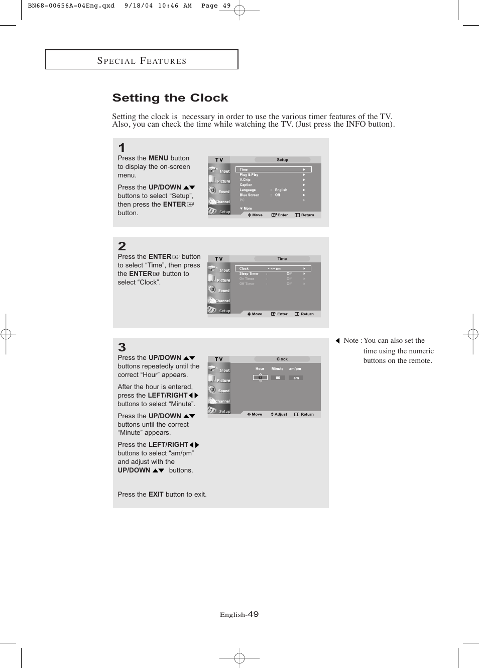 Setting the clock | Samsung LTP266WX-XAC User Manual | Page 54 / 79