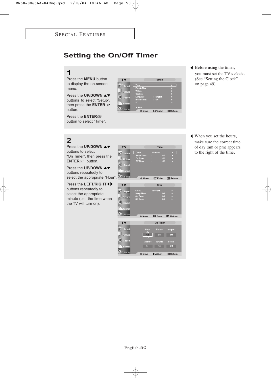 Setting the on/off timer | Samsung LTP266WX-XAC User Manual | Page 55 / 79