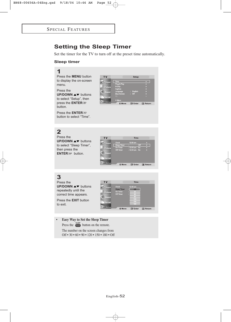 Setting the sleep timer | Samsung LTP266WX-XAC User Manual | Page 57 / 79