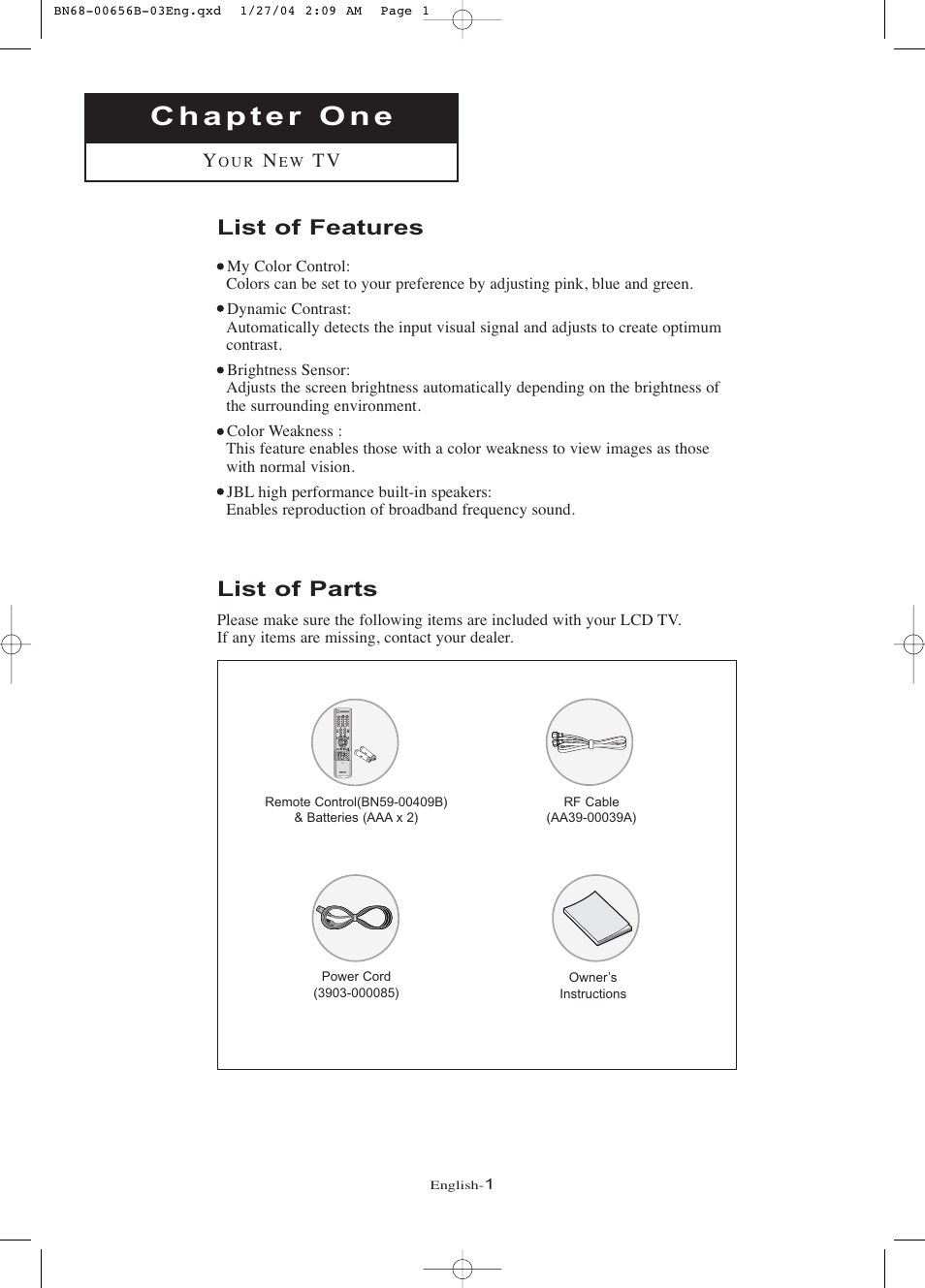 Chapter 1: your new tv, List of features, List of parts | Samsung LTP266WX-XAC User Manual | Page 6 / 79