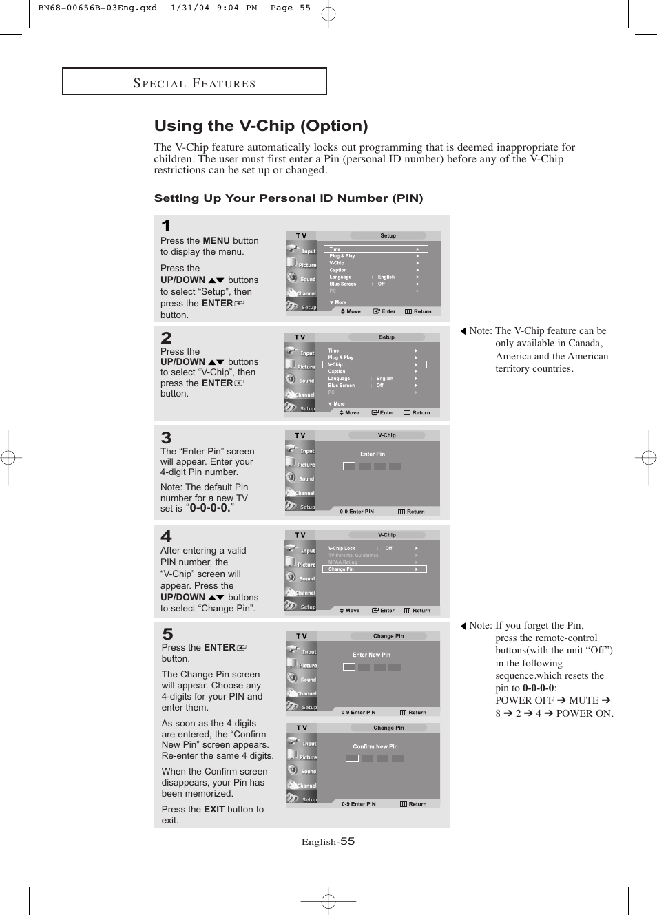 Using the v-chip, Setting up your personal id number (pin), Using the v-chip (option) | Samsung LTP266WX-XAC User Manual | Page 60 / 79