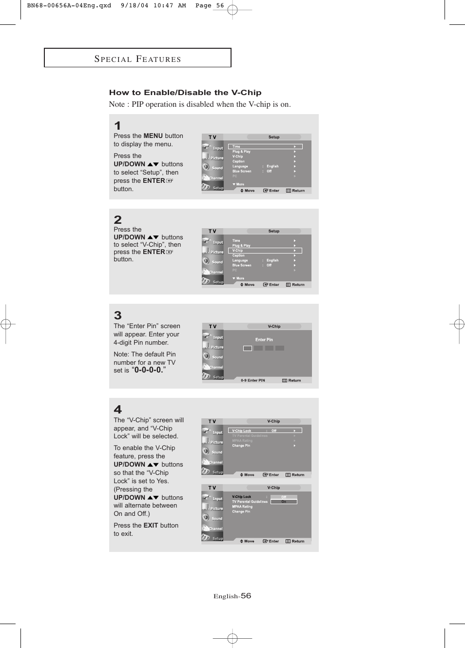 How to enable/disable the v-chip | Samsung LTP266WX-XAC User Manual | Page 61 / 79