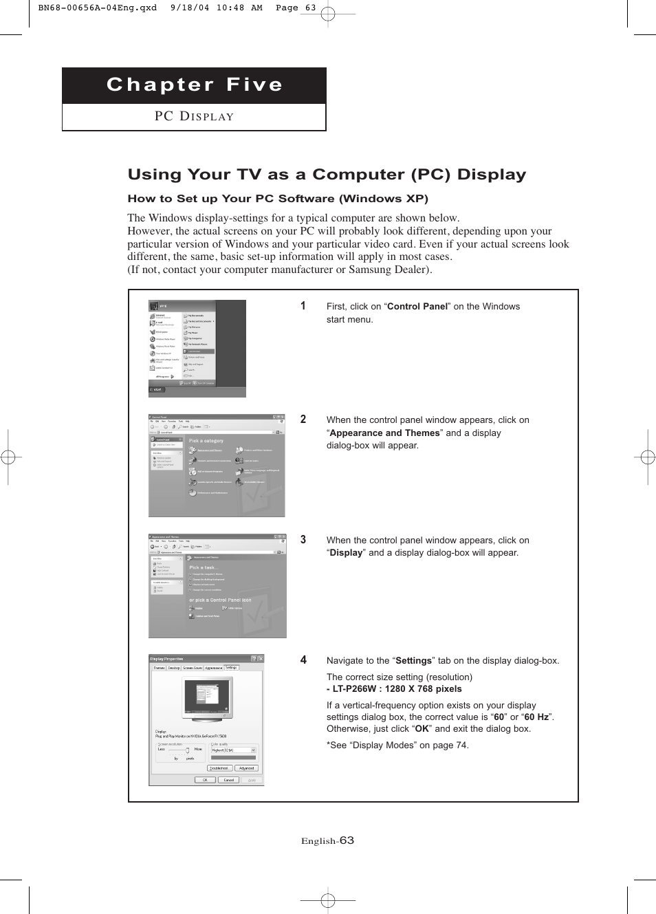 Chapter 5: pc display, Using your tv as a computer (pc) display, How to set up your pc software (windows xp) | P c d | Samsung LTP266WX-XAC User Manual | Page 68 / 79