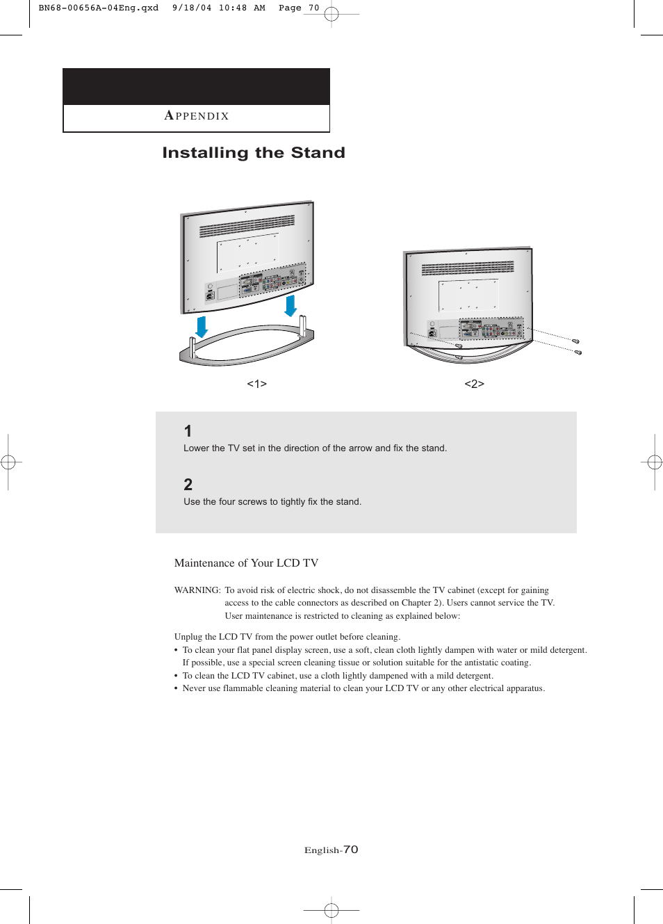 Appendix, Installing the stand | Samsung LTP266WX-XAC User Manual | Page 75 / 79