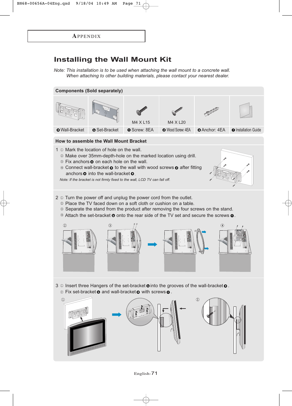 Installing the wall mount kit | Samsung LTP266WX-XAC User Manual | Page 76 / 79