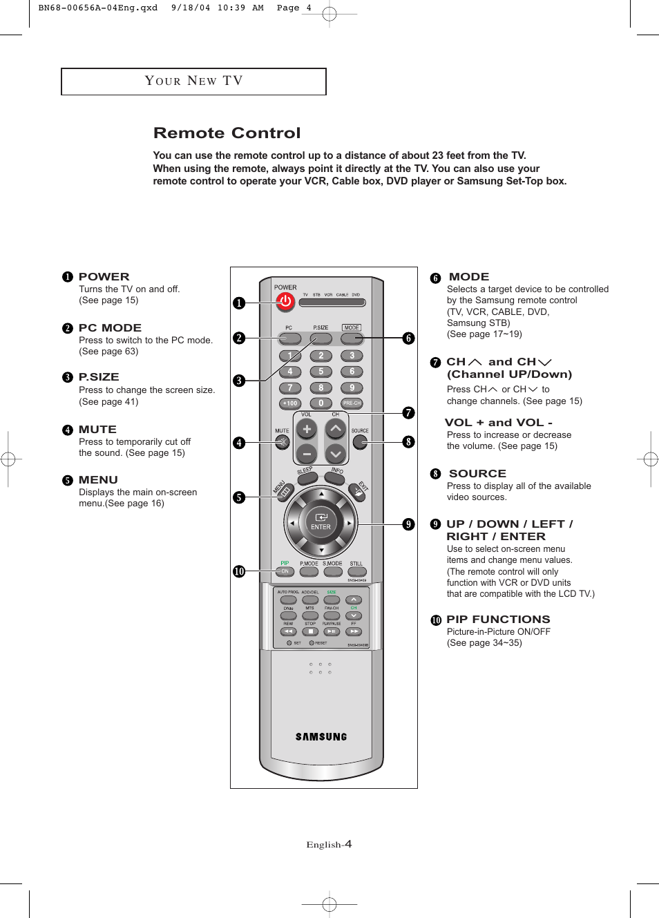 Remote control | Samsung LTP266WX-XAC User Manual | Page 9 / 79