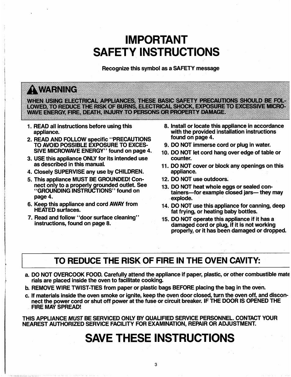 Important, Safety instructions, Save these instructions | Important safety instructions | Amana RADARANGE RW321T User Manual | Page 3 / 9