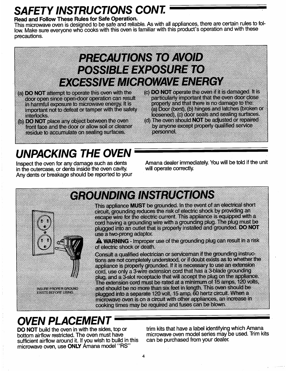 Safety instructions cont, Unpacking the oven, Grounding instructions | Oven placement | Amana RADARANGE RW321T User Manual | Page 4 / 9