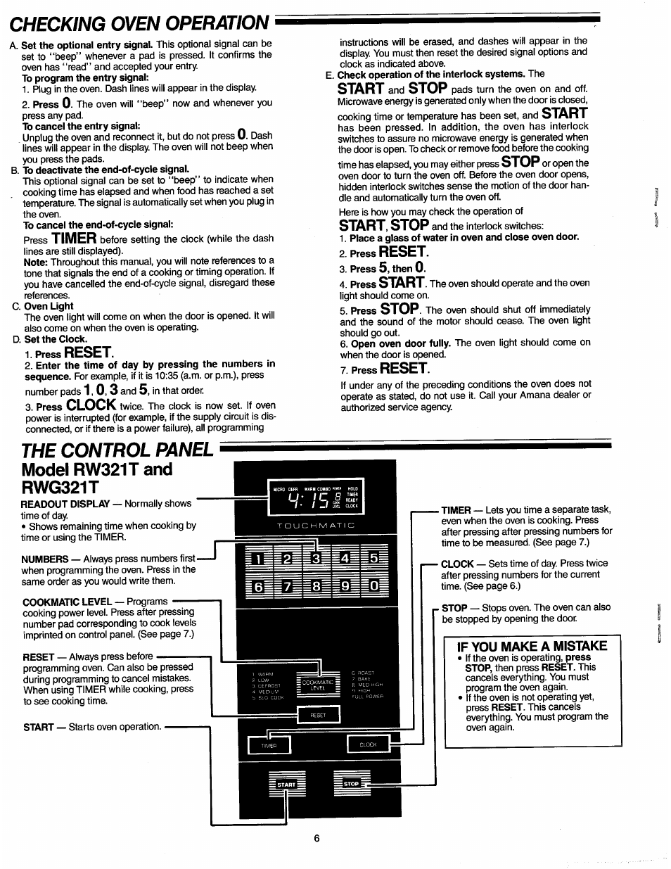 Checking oven operation, Place a glass of water in oven and close oven door, Press 5, then 0 | The control panel, Timer, Reset, Clock, Start, Stop, Start, stop | Amana RADARANGE RW321T User Manual | Page 6 / 9