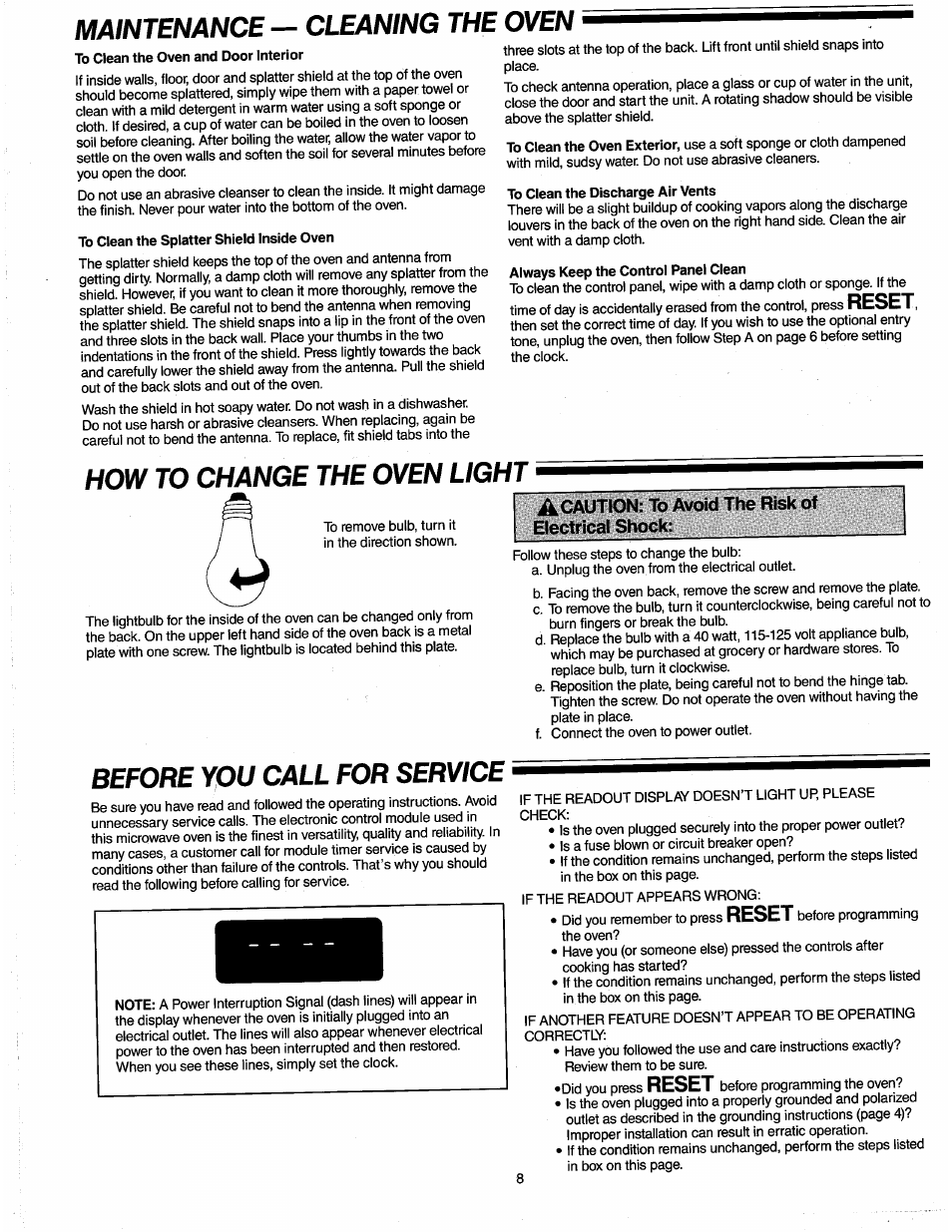 Maintenance — cleaning the oven, To clean the oven and door interior, To clean the splatter shield inside oven | How to change the oven light, To clean the discharge air vents, Always keep the control panel clean, Before you call for service, Maintenance and cleaning, Maintenance, Cleaning the oven | Amana RADARANGE RW321T User Manual | Page 8 / 9