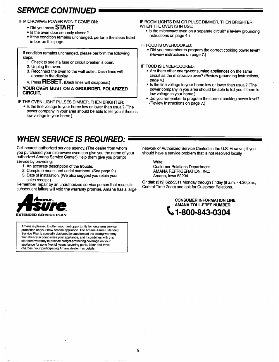 Service continued, When service is required, Start | Reset | Amana RADARANGE RW321T User Manual | Page 9 / 9