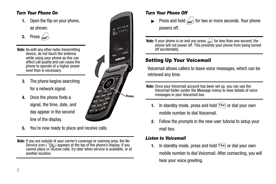 Turn your phone on, Turn your phone off, Setting up your voicemail | Listen to voicemail | Samsung SCH-R550ZKACRI User Manual | Page 10 / 152