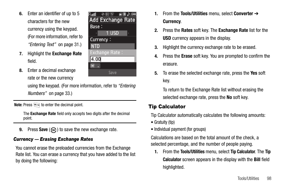 Currency - erasing exchange rates, Tip calculator | Samsung SCH-R550ZKACRI User Manual | Page 101 / 152