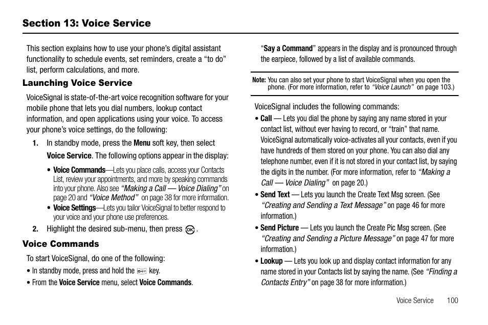 Section 13: voice service, Launching voice service, Voice commands | Launching voice service voice commands | Samsung SCH-R550ZKACRI User Manual | Page 103 / 152