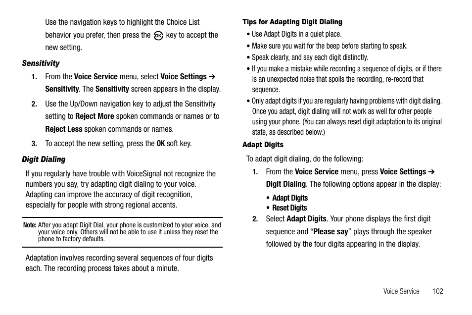 Sensitivity, Digit dialing, Tips for adapting digit dialing | Adapt digits | Samsung SCH-R550ZKACRI User Manual | Page 105 / 152