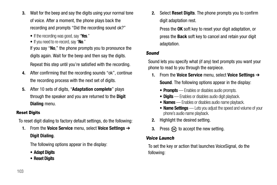 Reset digits, Sound, Voice launch | Samsung SCH-R550ZKACRI User Manual | Page 106 / 152