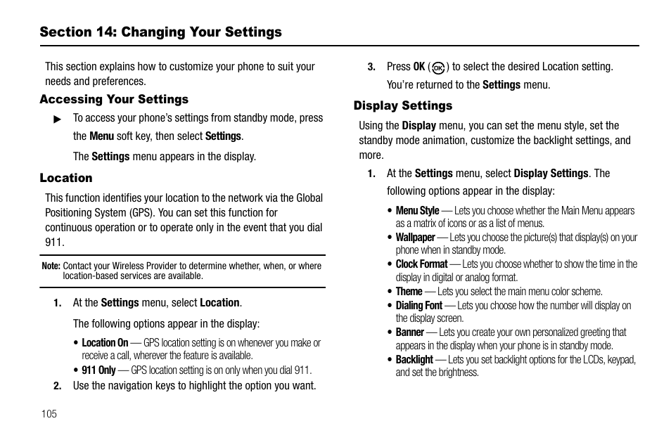 Section 14: changing your settings, Accessing your settings, Location | Display settings, Accessing your settings location display settings | Samsung SCH-R550ZKACRI User Manual | Page 108 / 152