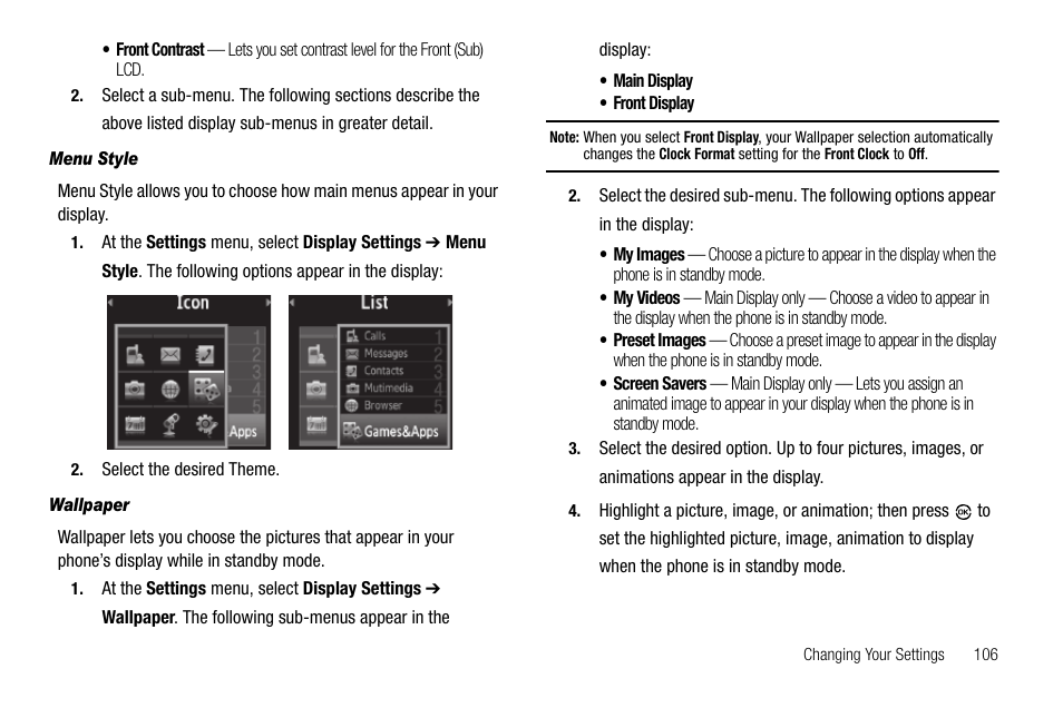 Menu style, Wallpaper | Samsung SCH-R550ZKACRI User Manual | Page 109 / 152