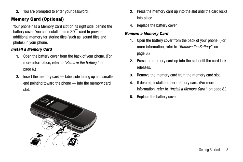 Memory card (optional), Install a memory card, Remove a memory card | Samsung SCH-R550ZKACRI User Manual | Page 11 / 152