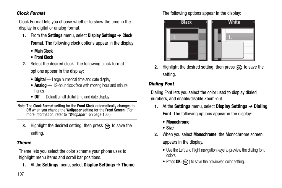 Clock format, Theme, Dialing font | Samsung SCH-R550ZKACRI User Manual | Page 110 / 152