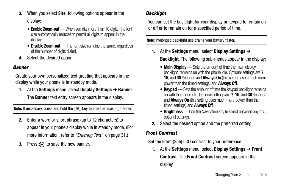 Banner, Backlight, Front contrast | Samsung SCH-R550ZKACRI User Manual | Page 111 / 152