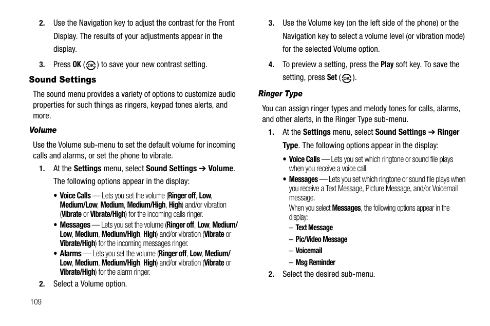 Sound settings, Volume, Ringer type | Samsung SCH-R550ZKACRI User Manual | Page 112 / 152