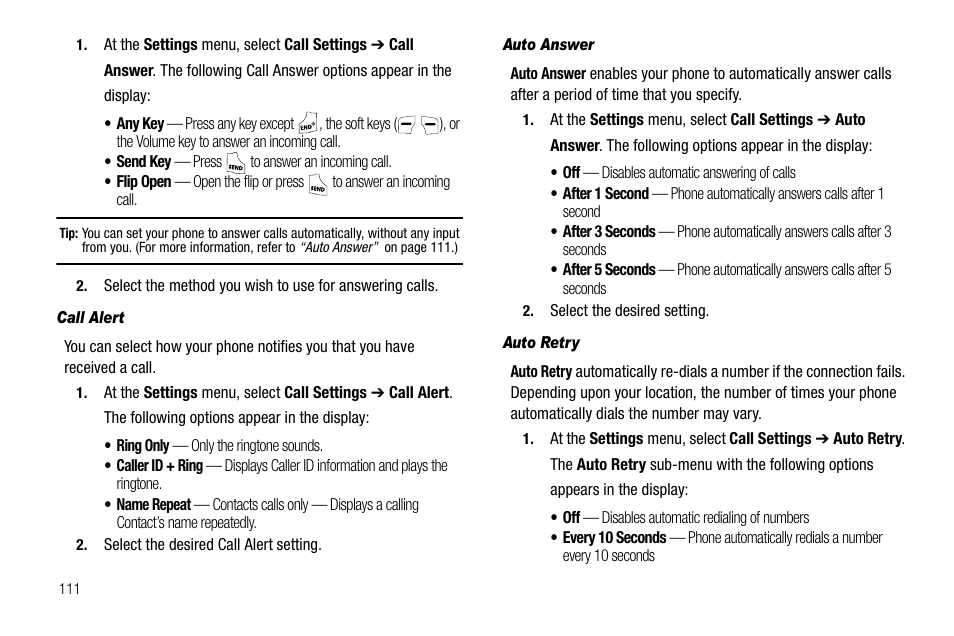 Call alert, Auto answer, Auto retry | Samsung SCH-R550ZKACRI User Manual | Page 114 / 152