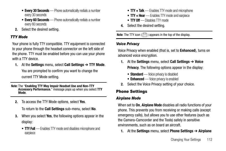 Tty mode, Voice privacy, Phone settings | Airplane mode | Samsung SCH-R550ZKACRI User Manual | Page 115 / 152