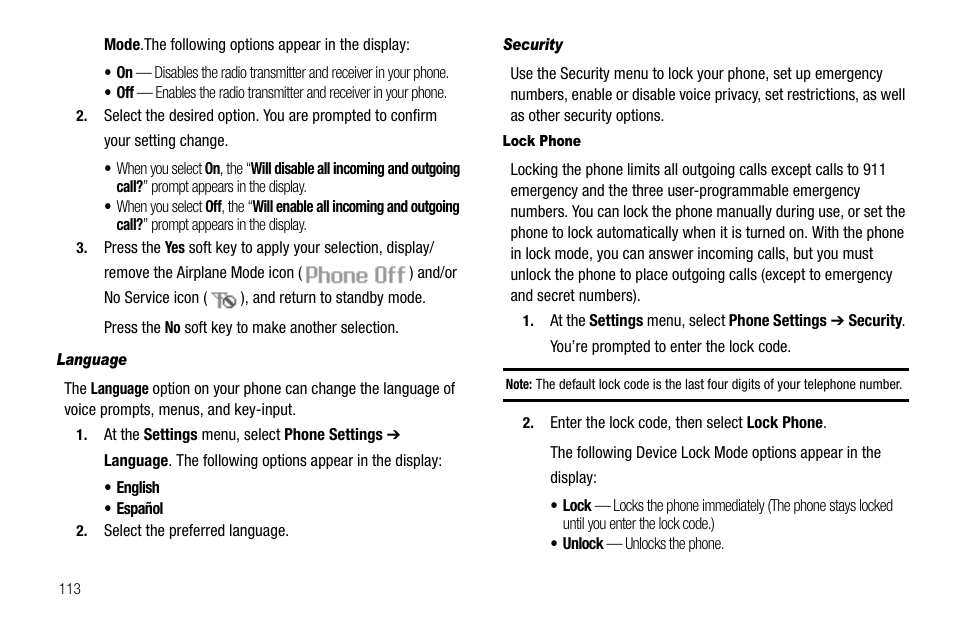 Language, Security, Lock phone | Samsung SCH-R550ZKACRI User Manual | Page 116 / 152