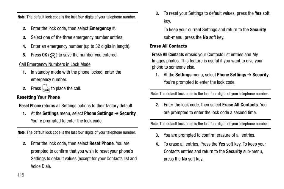 Resetting your phone, Erase all contacts | Samsung SCH-R550ZKACRI User Manual | Page 118 / 152