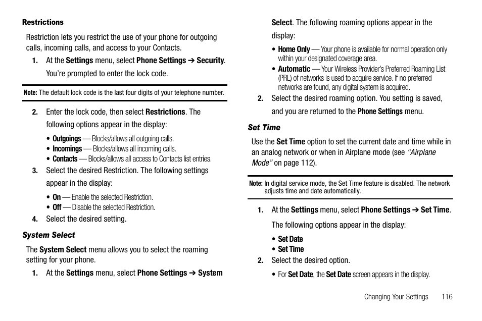 Restrictions, System select, Set time | Samsung SCH-R550ZKACRI User Manual | Page 119 / 152