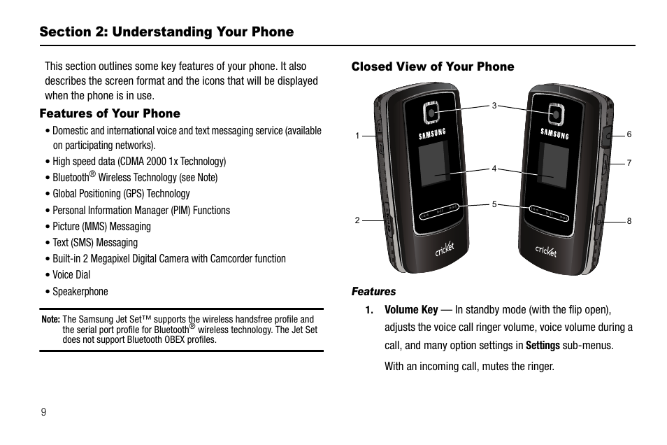 Section 2: understanding your phone, Features of your phone, Closed view of your phone | Features, Features of your phone closed view of your phone | Samsung SCH-R550ZKACRI User Manual | Page 12 / 152