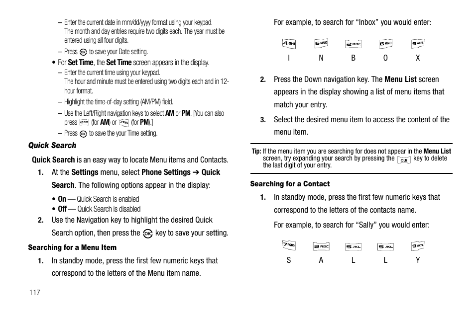 Quick search, Searching for a menu item, Searching for a contact | Samsung SCH-R550ZKACRI User Manual | Page 120 / 152