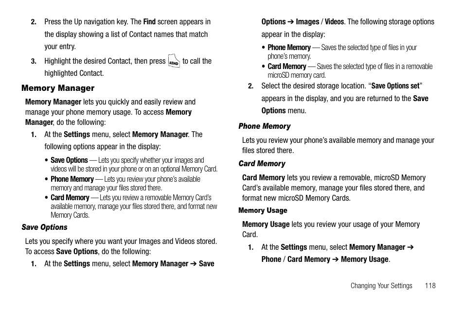 Memory manager, Save options, Phone memory | Card memory, Memory usage | Samsung SCH-R550ZKACRI User Manual | Page 121 / 152