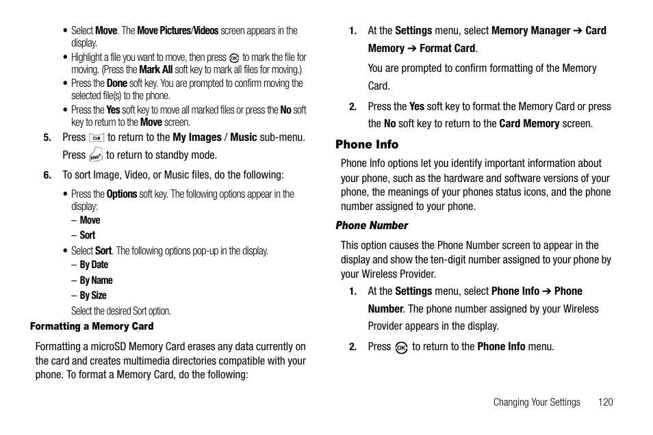 Formatting a memory card, Phone info, Phone number | Samsung SCH-R550ZKACRI User Manual | Page 123 / 152