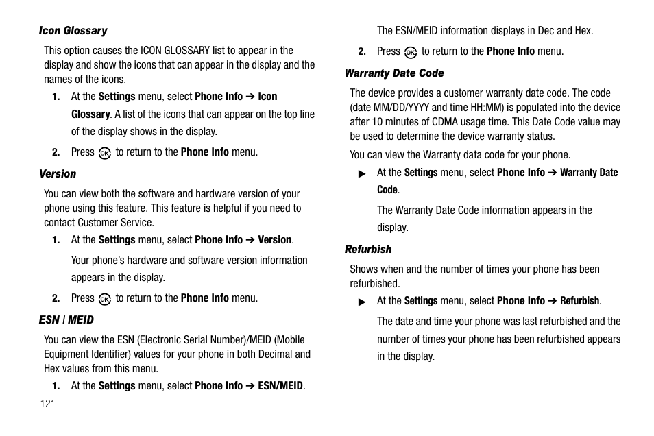 Icon glossary, Version, Esn / meid | Warranty date code, Refurbish | Samsung SCH-R550ZKACRI User Manual | Page 124 / 152