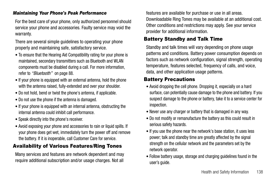 Maintaining your phone's peak performance, Availability of various features/ring tones, Battery standby and talk time | Battery precautions | Samsung SCH-R550ZKACRI User Manual | Page 141 / 152