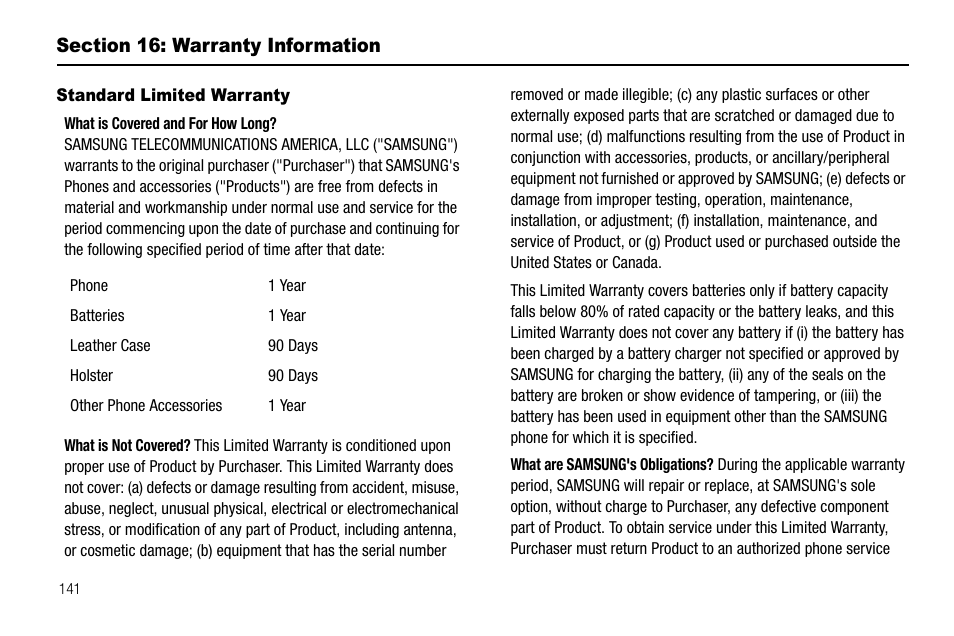 Section 16: warranty information, Standard limited warranty | Samsung SCH-R550ZKACRI User Manual | Page 144 / 152