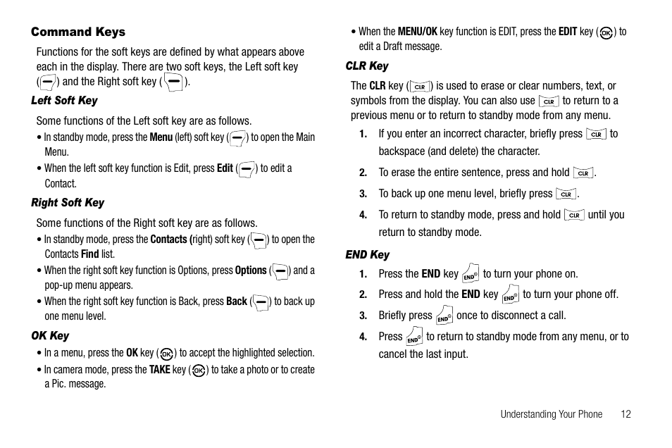 Command keys, Left soft key, Right soft key | Ok key, Clr key, End key | Samsung SCH-R550ZKACRI User Manual | Page 15 / 152