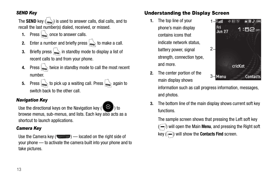 Send key, Navigation key, Camera key | Understanding the display screen | Samsung SCH-R550ZKACRI User Manual | Page 16 / 152